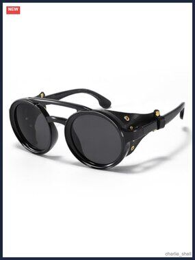 Polarized Round Steampunk Sunglasses Leather Shield UV400 Retro